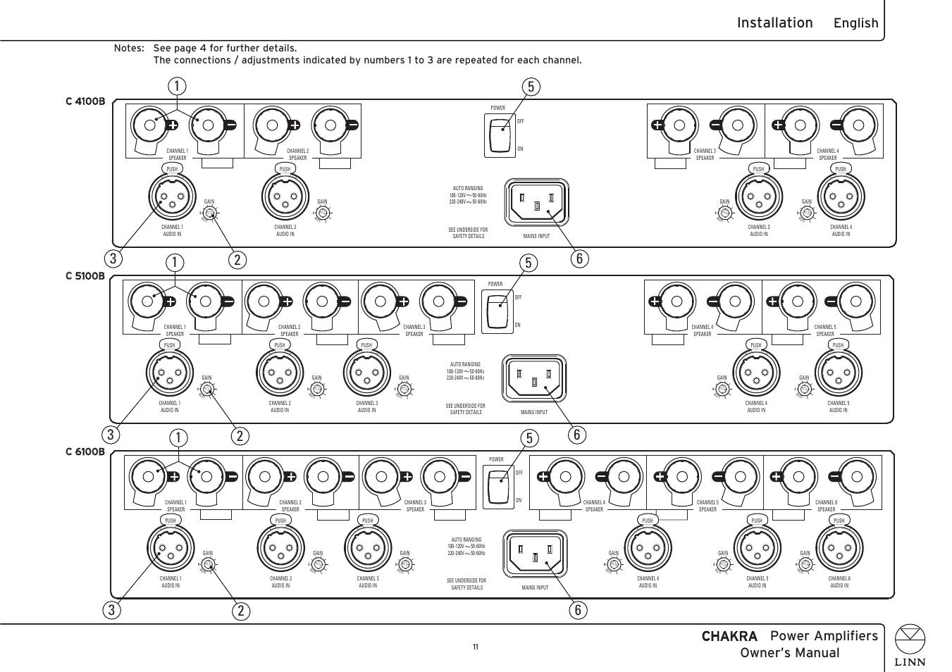 Installation, Chakra power amplifiers owner’s manual, English | Cc 6100b | Linn C 6100 User Manual | Page 19 / 26