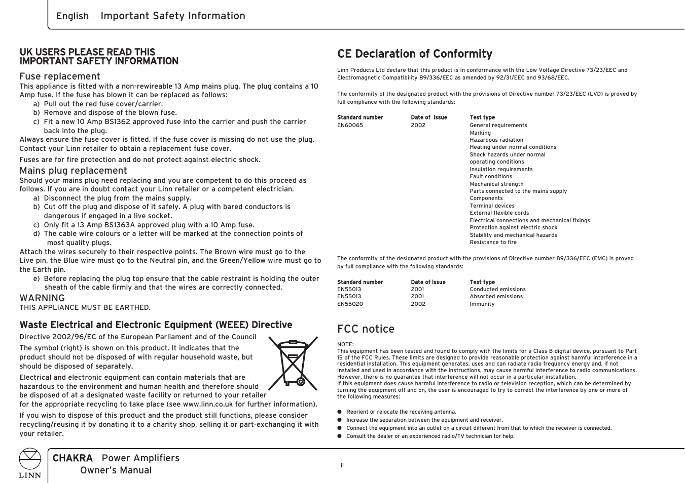 Cce declaration of conformity, Fcc notice, Important safety information | Chakra power amplifiers owner’s manual english, Mains plug replacement, Warning | Linn C 6100 User Manual | Page 4 / 26