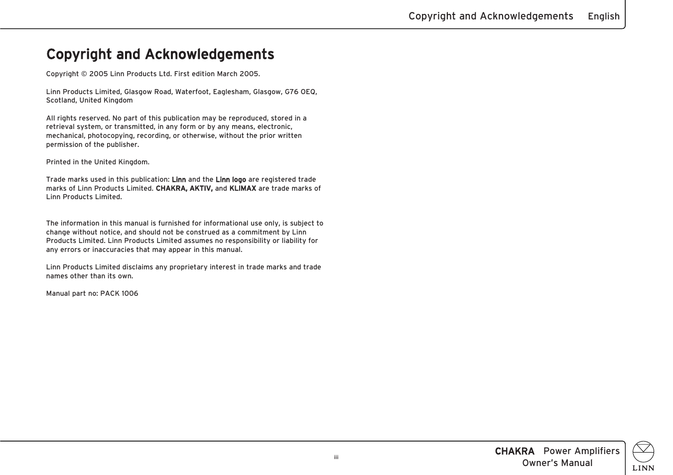 Copyright and acknowledgements | Linn C 6100 User Manual | Page 5 / 26