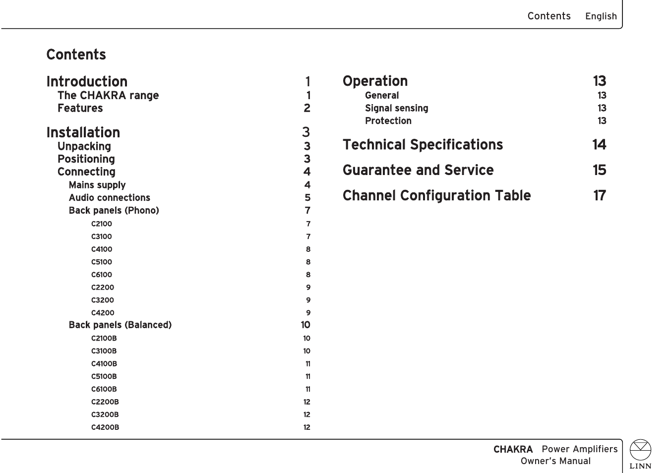 Ccontents introduction 1, Installation 3, Operation 13 | Linn C 6100 User Manual | Page 7 / 26