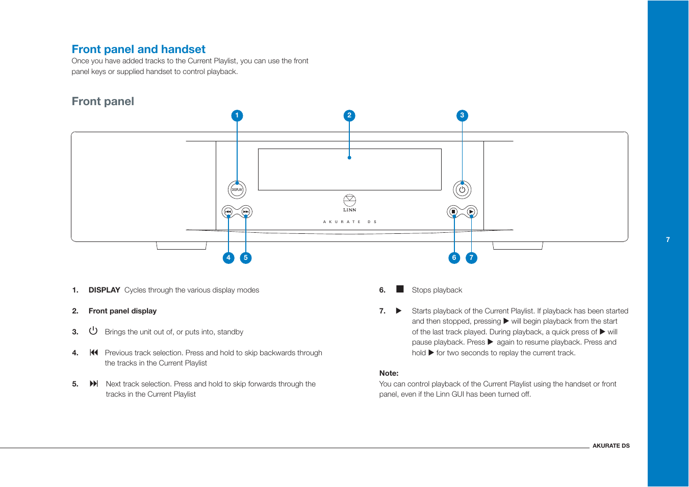 Front panel and handset, Front panel | Linn Akurate DS User Manual | Page 15 / 21