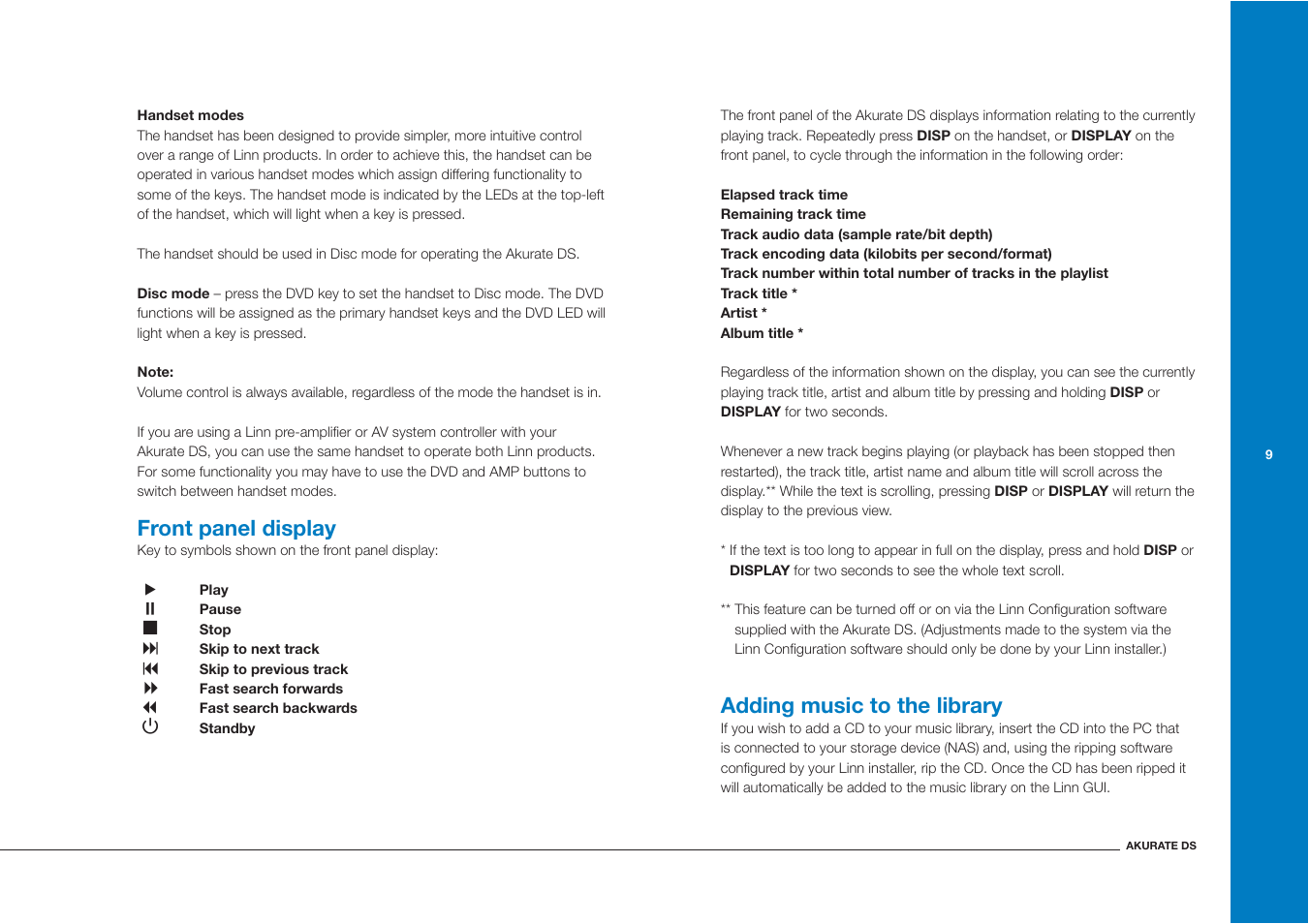 Front panel display, Adding music to the library | Linn Akurate DS User Manual | Page 17 / 21