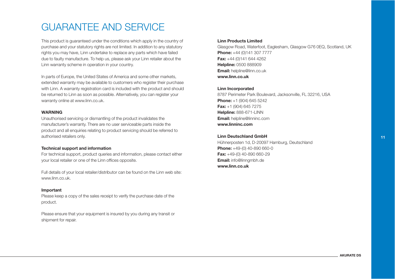 Guarantee and service | Linn Akurate DS User Manual | Page 19 / 21
