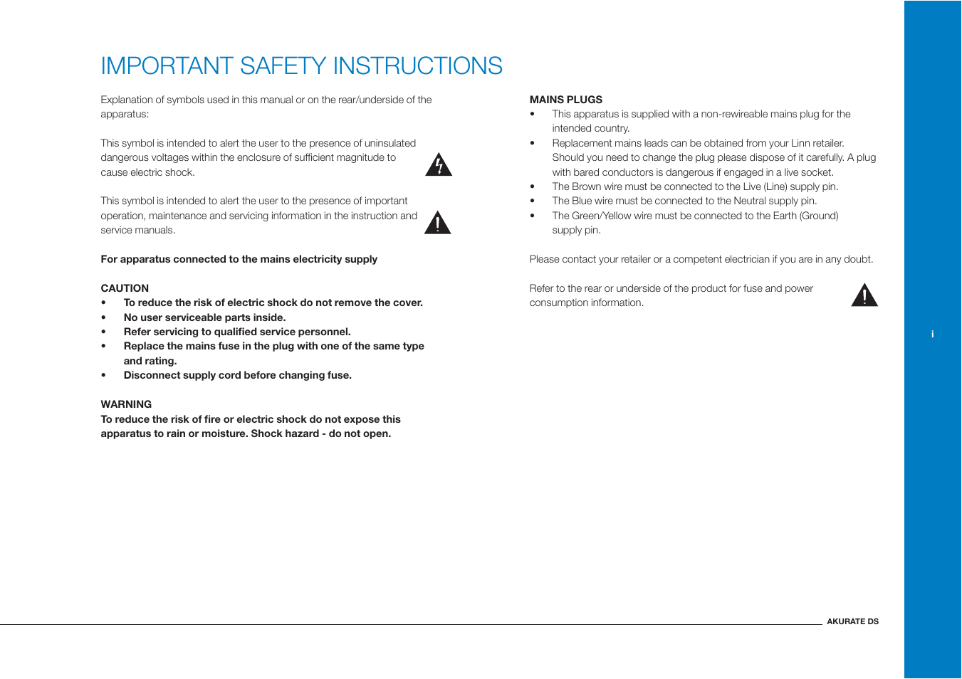 Important safety instructions | Linn Akurate DS User Manual | Page 3 / 21