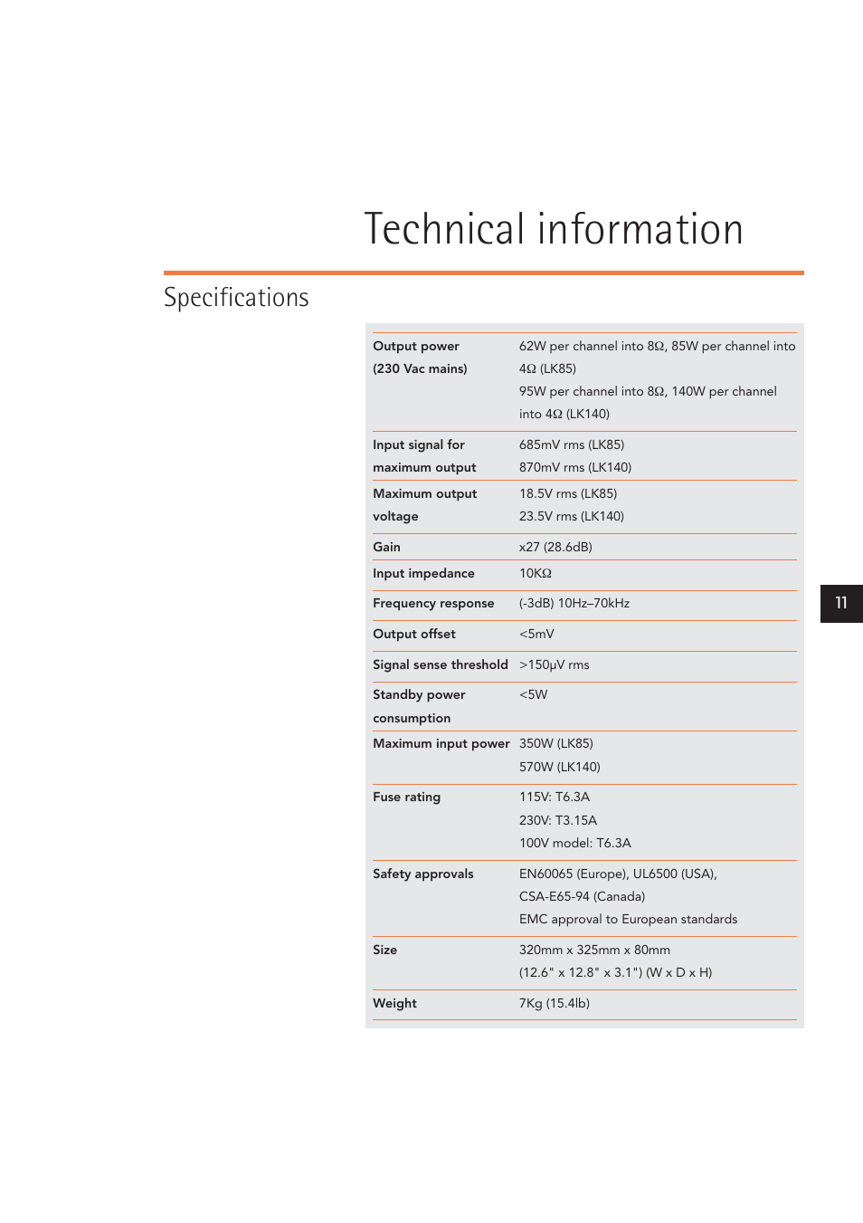 Technical information, Specifications | Linn LK140 User Manual | Page 19 / 24