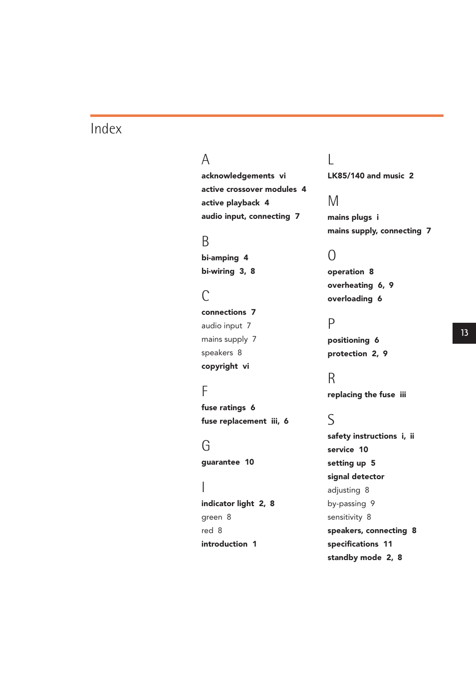 Index l | Linn LK140 User Manual | Page 21 / 24
