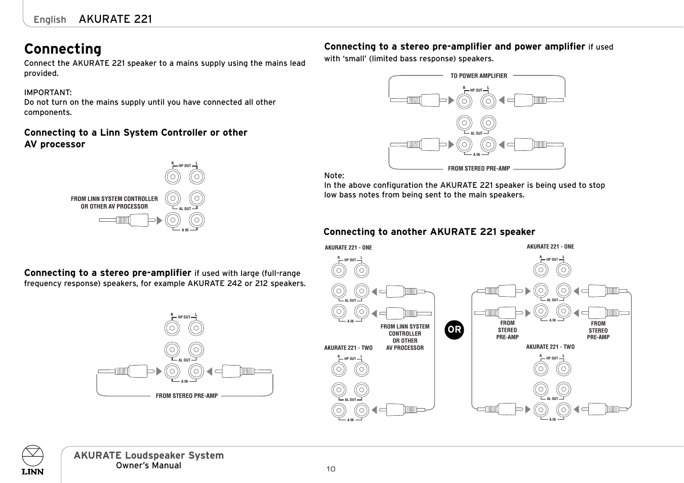 Connecting, Akurate 221, Akurate loudspeaker system | English, Connecting to another akurate 221 speaker or, Owner’s manual | Linn Akurate 225 User Manual | Page 15 / 19