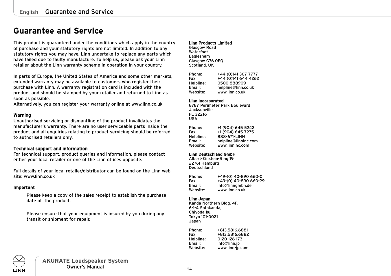 Guarantee and service, Akurate loudspeaker system | Linn Akurate 225 User Manual | Page 19 / 19