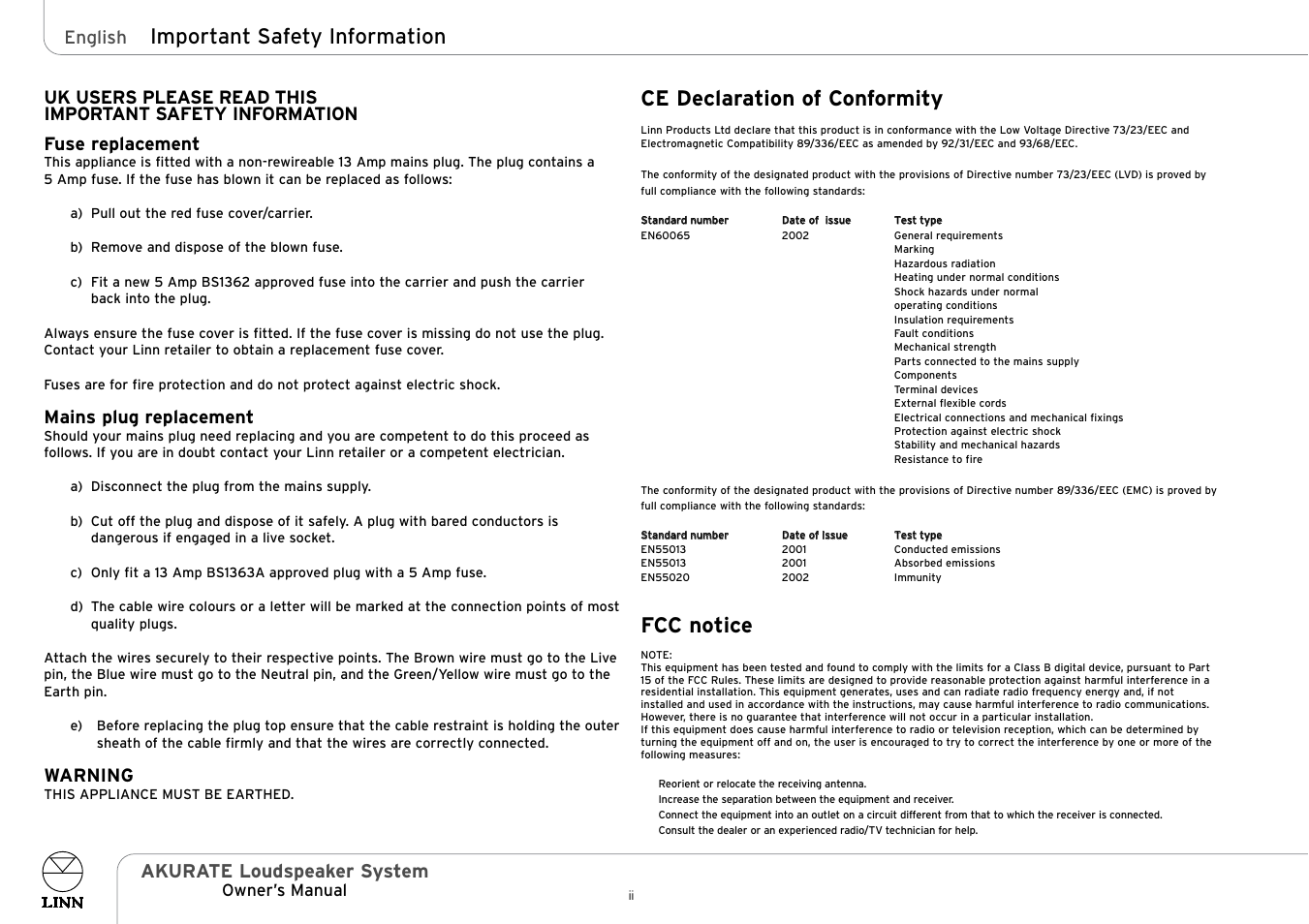 Ce declaration of conformity, Fcc notice, Important safety information | Akurate loudspeaker system, Mains plug replacement, Warning, English, Owner’s manual | Linn Akurate 225 User Manual | Page 3 / 19