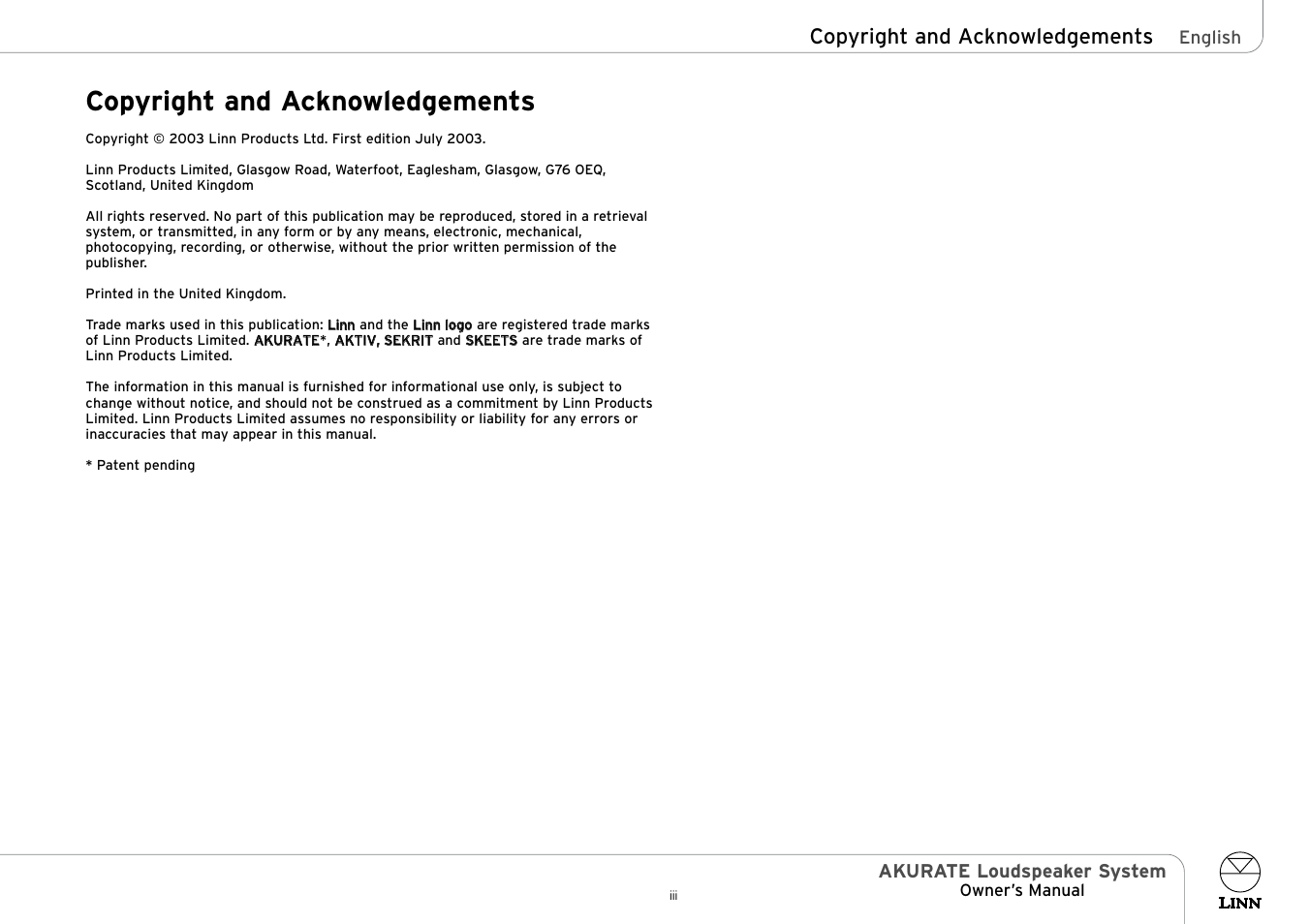 Copyright and acknowledgements, Akurate loudspeaker system | Linn Akurate 225 User Manual | Page 4 / 19