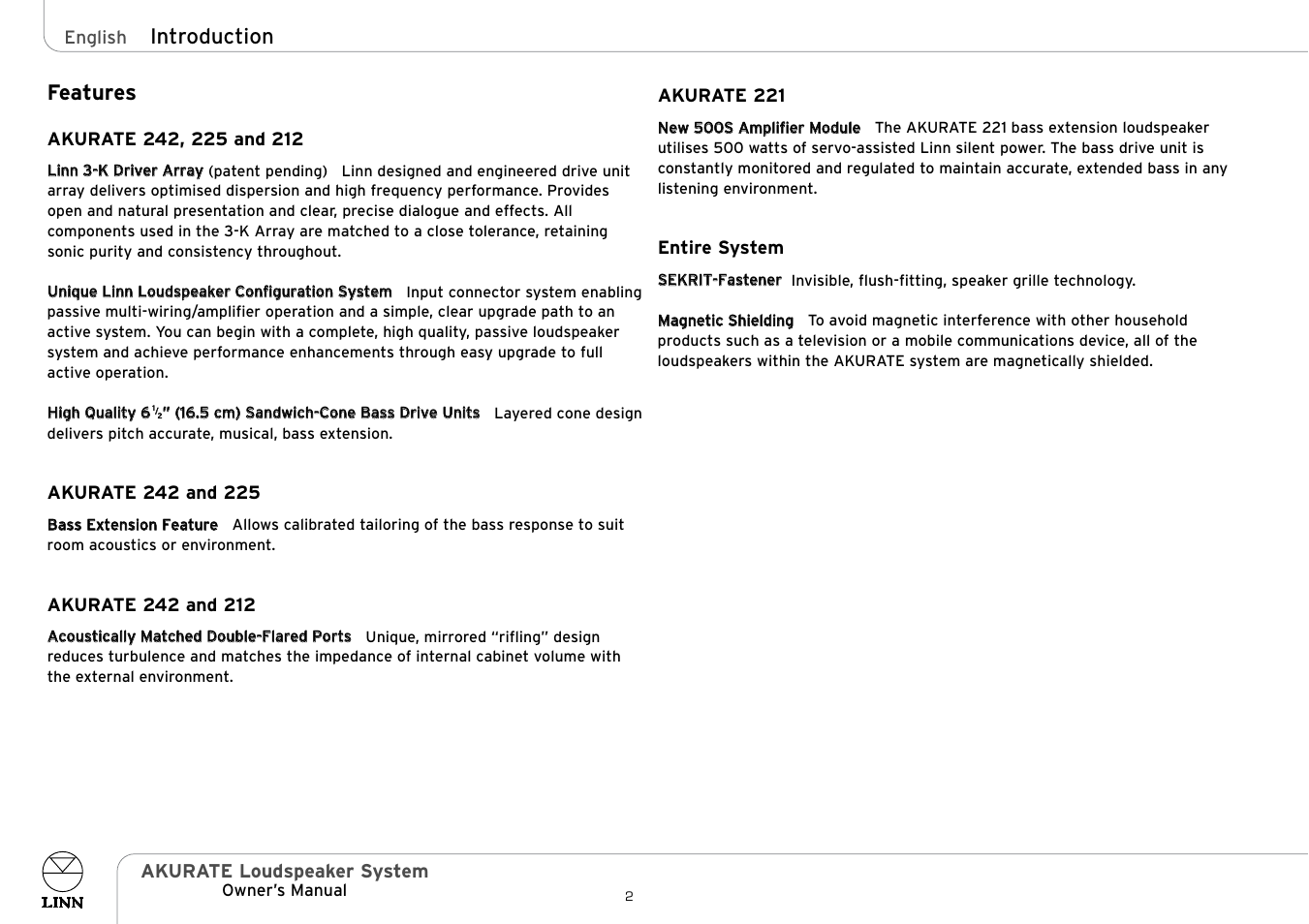 Features, Introduction | Linn Akurate 225 User Manual | Page 7 / 19