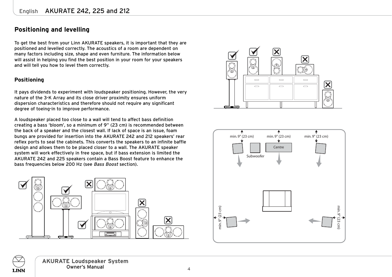 Positioning and levelling | Linn Akurate 225 User Manual | Page 9 / 19