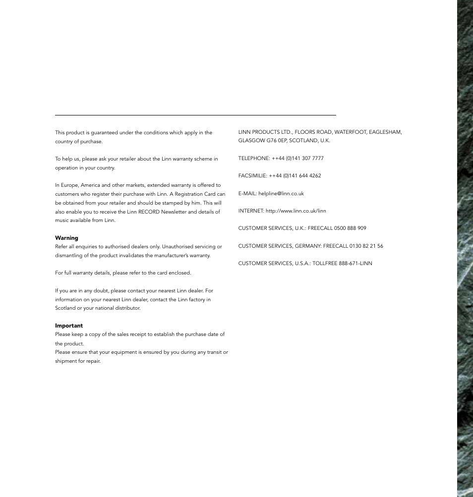 31 guar antee and service | Linn AV Loudspeaker User Manual | Page 39 / 44