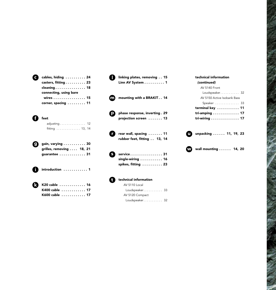 35 inde x | Linn AV Loudspeaker User Manual | Page 43 / 44