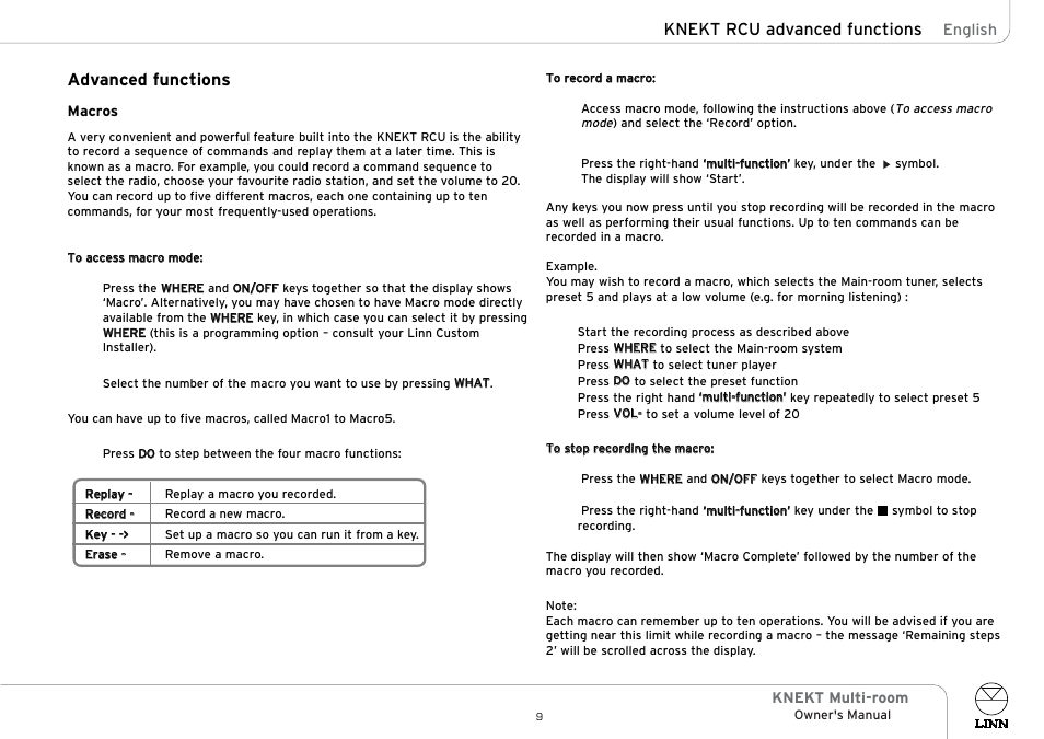 Advanced functions, Knekt rcu advanced functions | Linn KNEKT Multi-room User Manual | Page 12 / 17