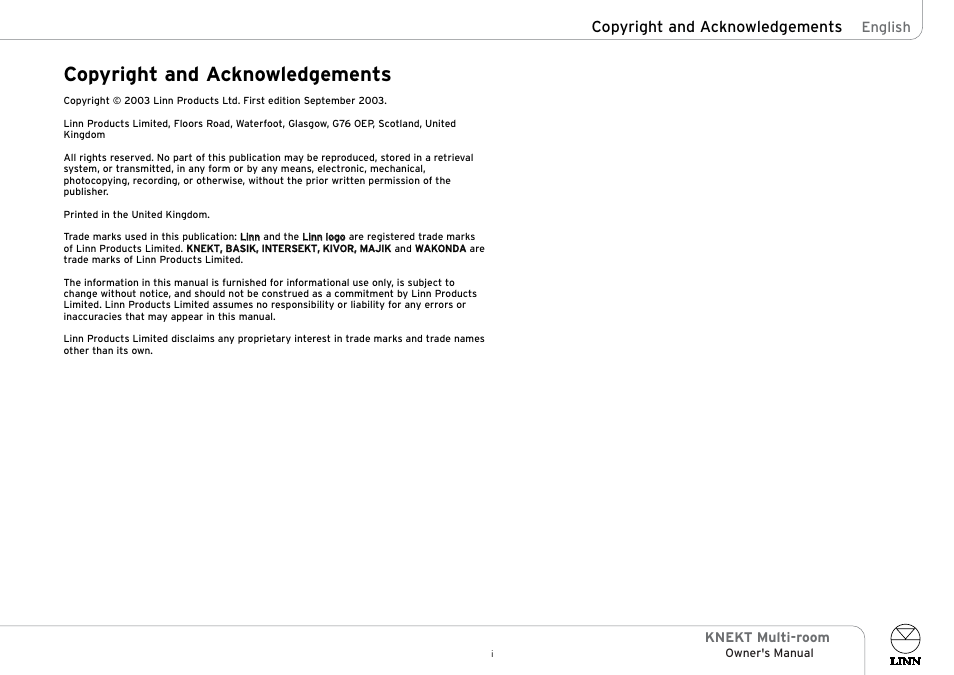 Copyright and acknowledgements, English | Linn KNEKT Multi-room User Manual | Page 2 / 17