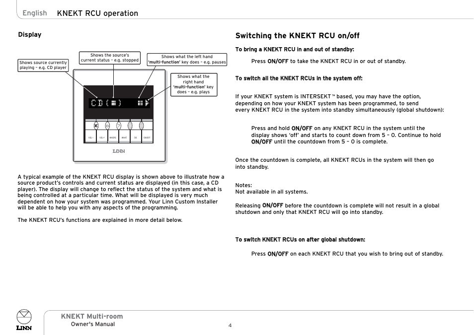 Knekt rcu operation, Switching the knekt rcu on/off, English | Linn KNEKT Multi-room User Manual | Page 7 / 17