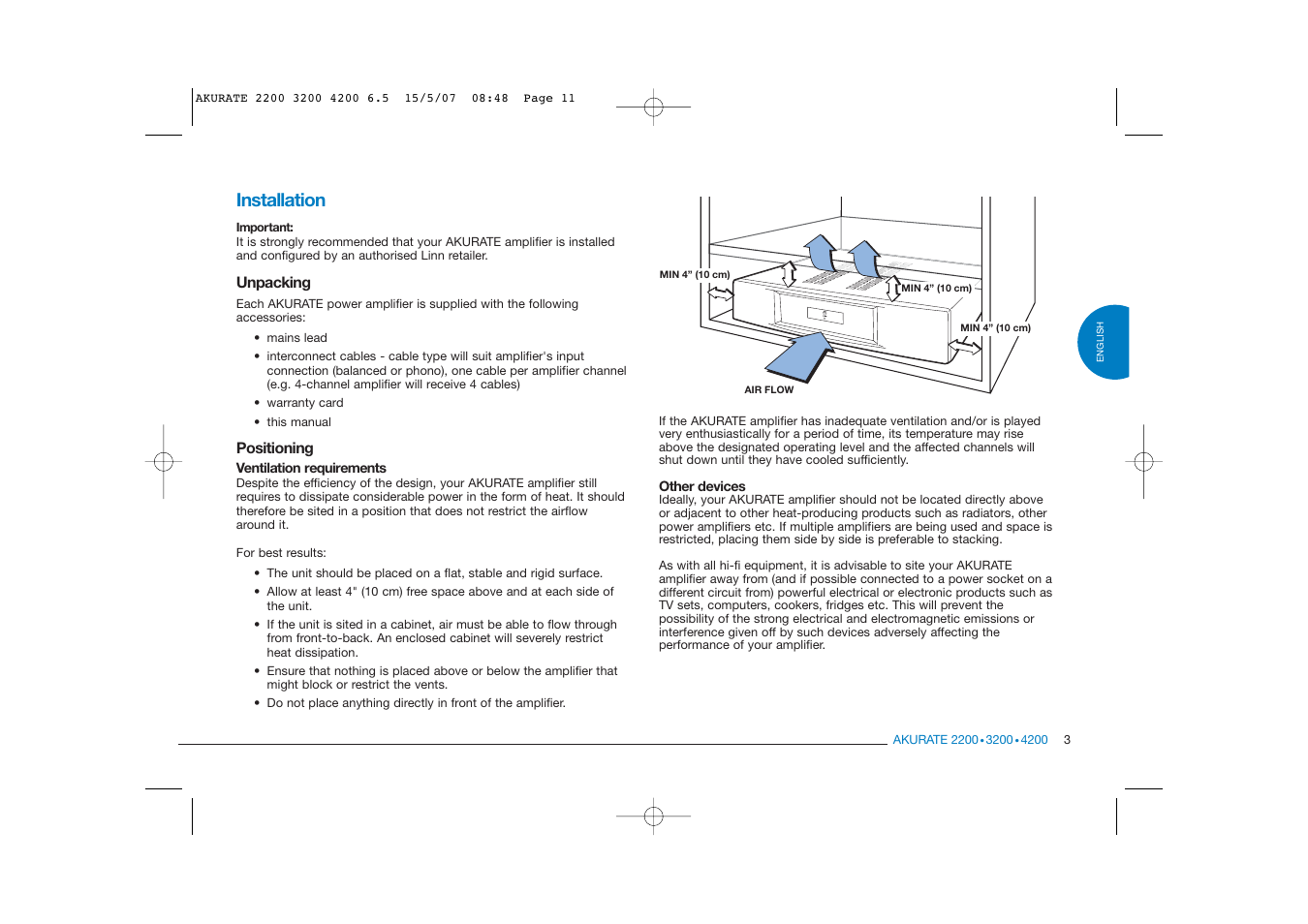 Installation | Linn AKURATE 2200 User Manual | Page 11 / 22