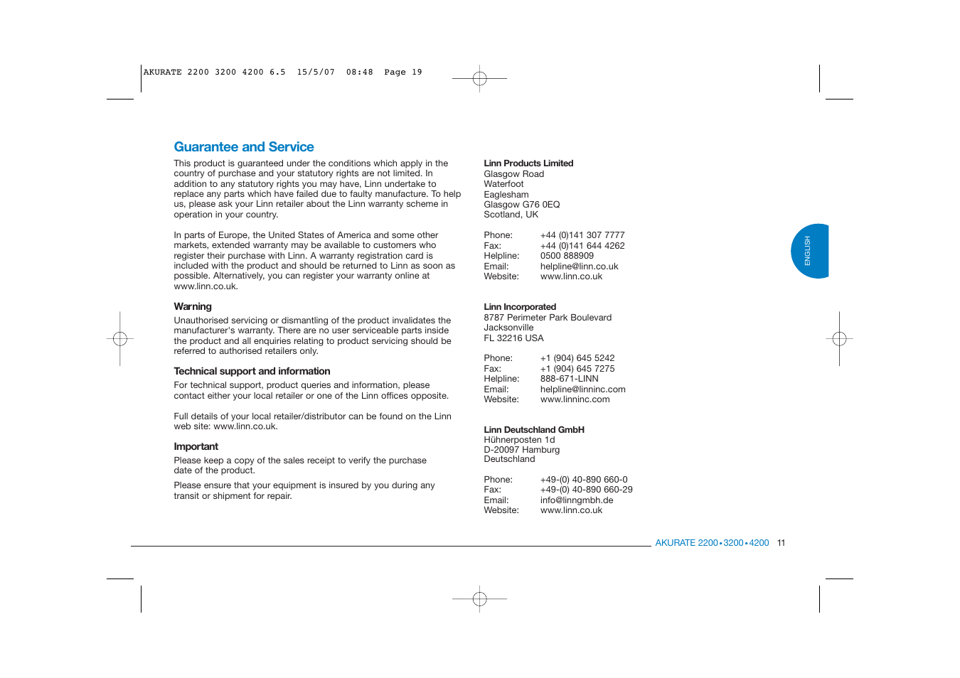 Guarantee and service | Linn AKURATE 2200 User Manual | Page 19 / 22