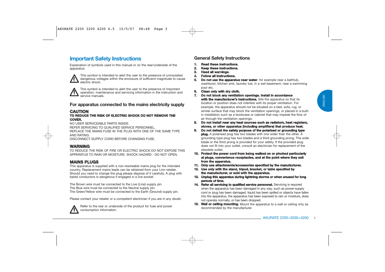 Important safety instructions, General safety instructions | Linn AKURATE 2200 User Manual | Page 3 / 22
