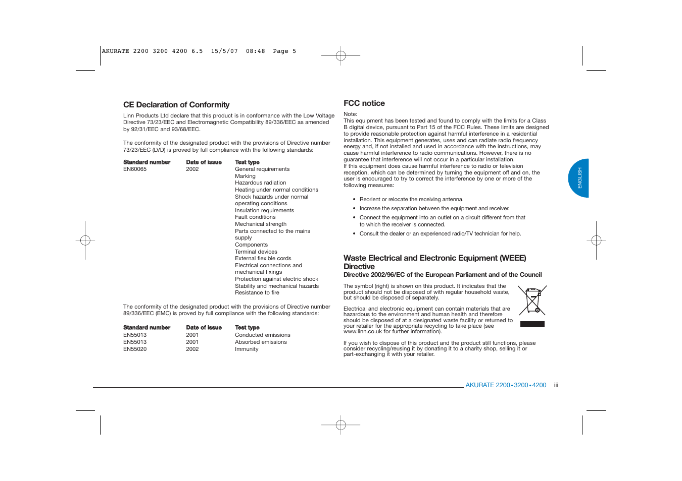 Ce declaration of conformity, Fcc notice | Linn AKURATE 2200 User Manual | Page 5 / 22