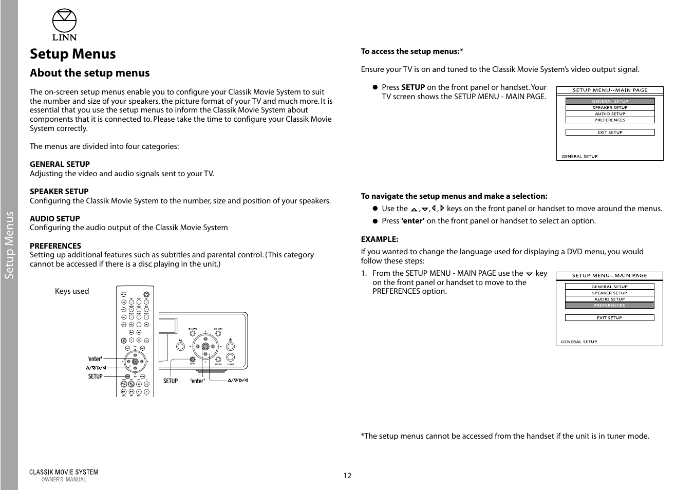 Setup menus, Setup m enus, About the setup menus | Linn Classic Movie System User Manual | Page 18 / 58