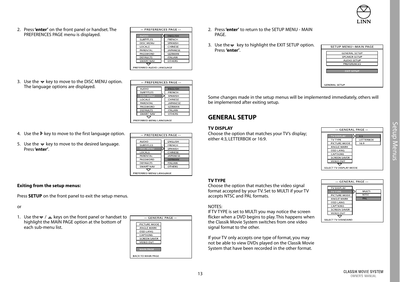 Setup m enus | Linn Classic Movie System User Manual | Page 19 / 58