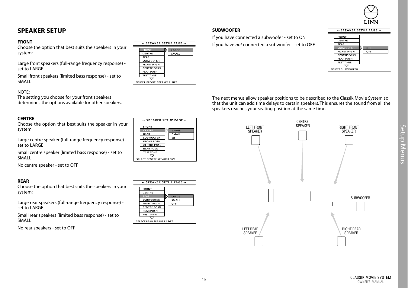 Setup m enus, Speaker setup | Linn Classic Movie System User Manual | Page 21 / 58