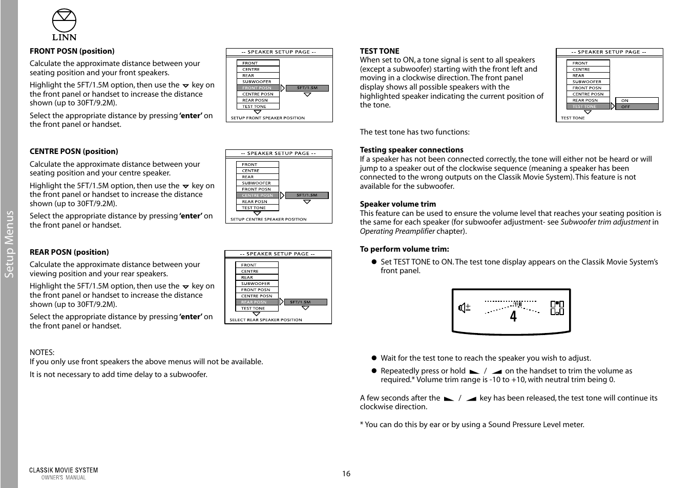 Setup m enus | Linn Classic Movie System User Manual | Page 22 / 58