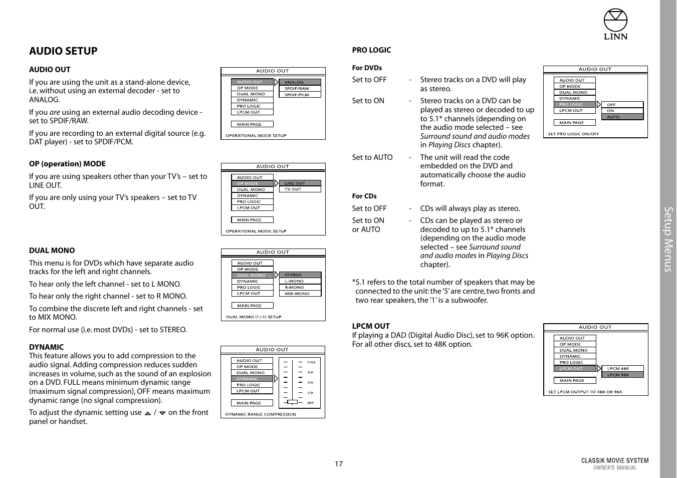 Setup m enus, Audio setup | Linn Classic Movie System User Manual | Page 23 / 58