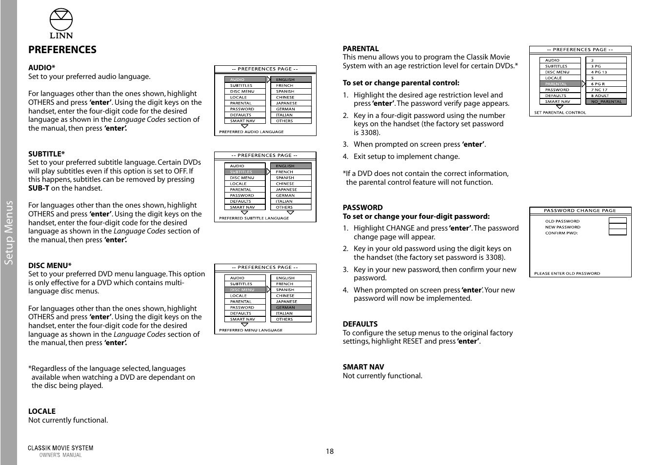 Setup m enus, Preferences | Linn Classic Movie System User Manual | Page 24 / 58