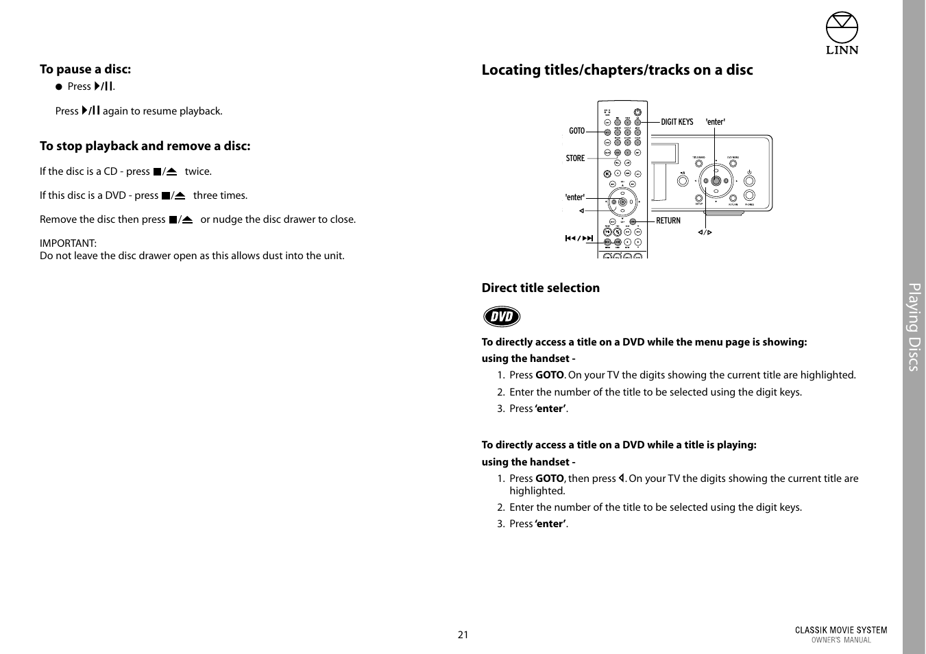 Pla ying discs, Locating titles/chapters/tracks on a disc | Linn Classic Movie System User Manual | Page 27 / 58