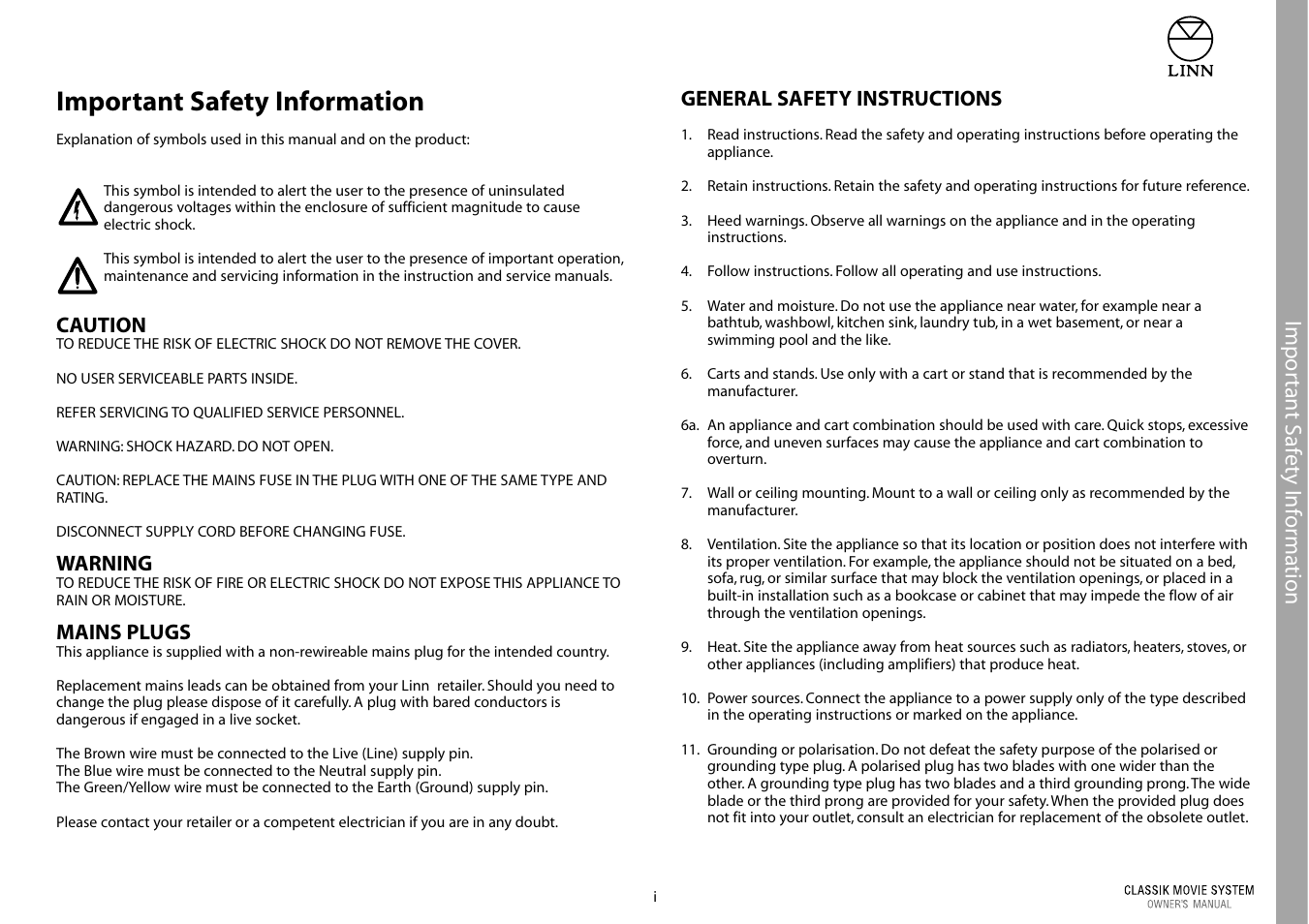 Important safety information, Impor tant s a fe ty inf ormation | Linn Classic Movie System User Manual | Page 3 / 58