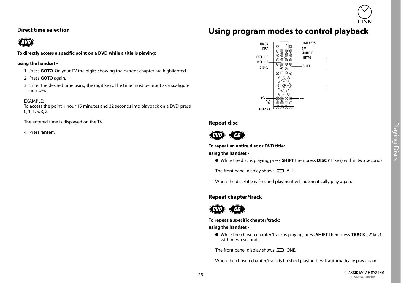 Using program modes to control playback, Pla ying discs | Linn Classic Movie System User Manual | Page 31 / 58