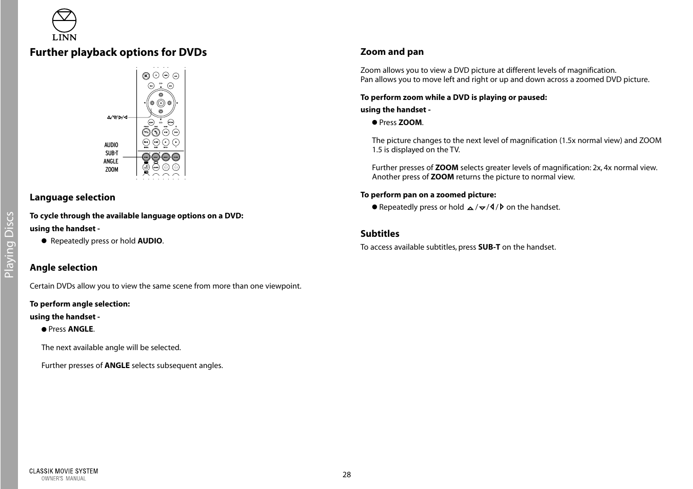 Pla ying discs, Further playback options for dvds | Linn Classic Movie System User Manual | Page 34 / 58