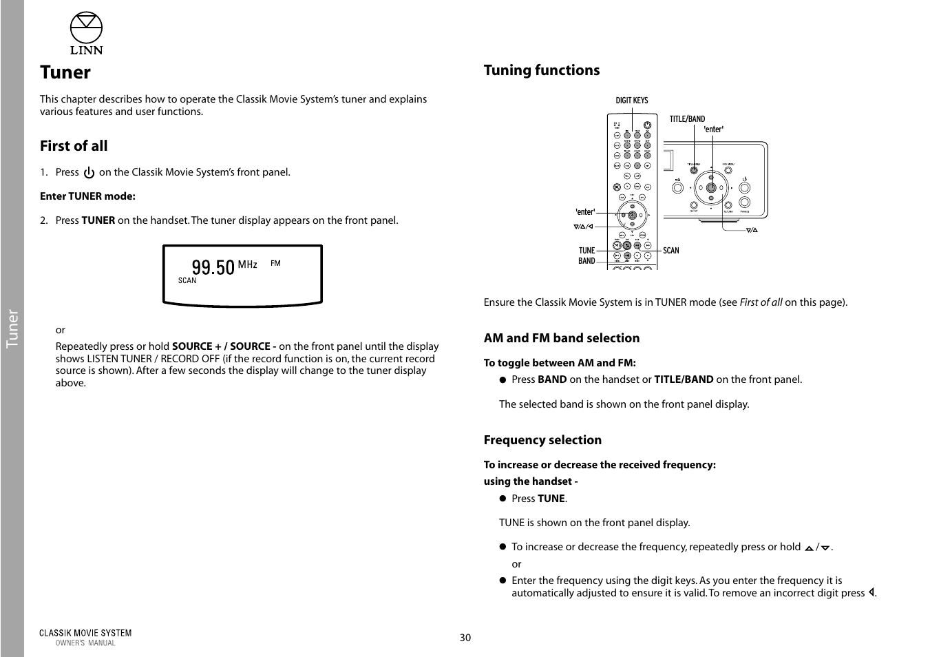 Tuner, First of all, Tuning functions | Linn Classic Movie System User Manual | Page 36 / 58