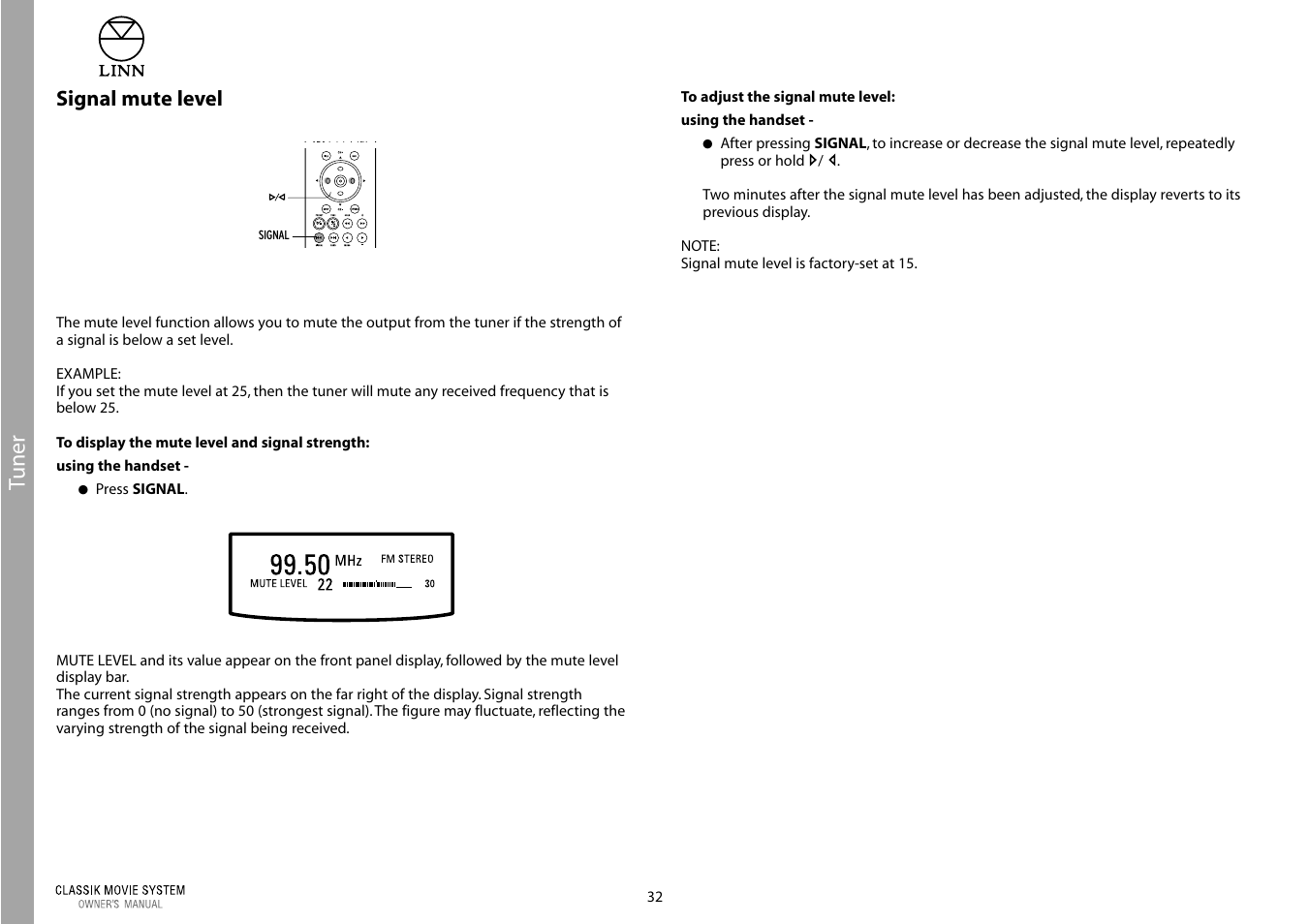Tuner, Signal mute level | Linn Classic Movie System User Manual | Page 38 / 58