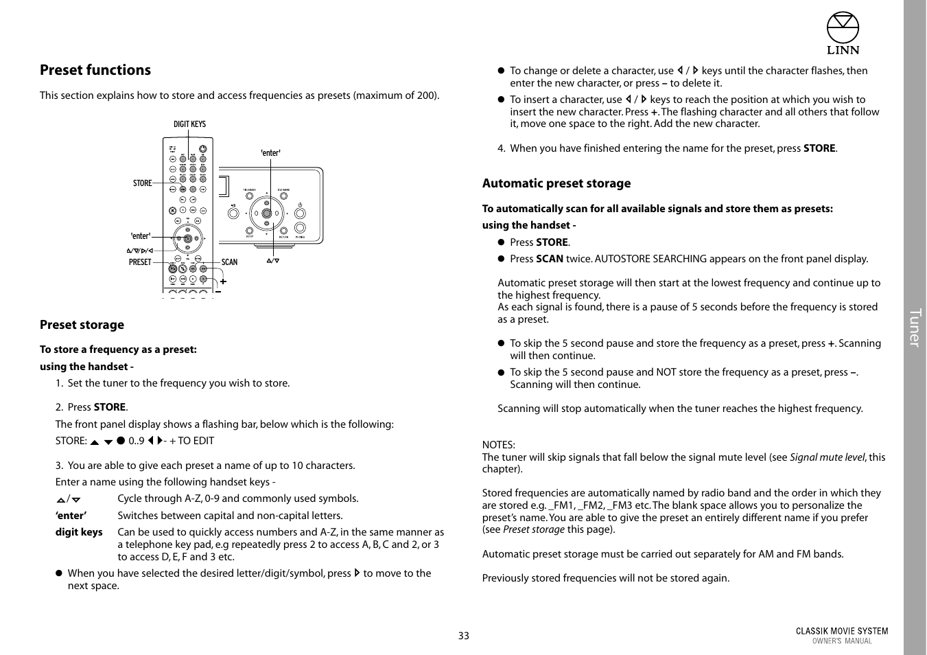 Tuner, Preset functions | Linn Classic Movie System User Manual | Page 39 / 58