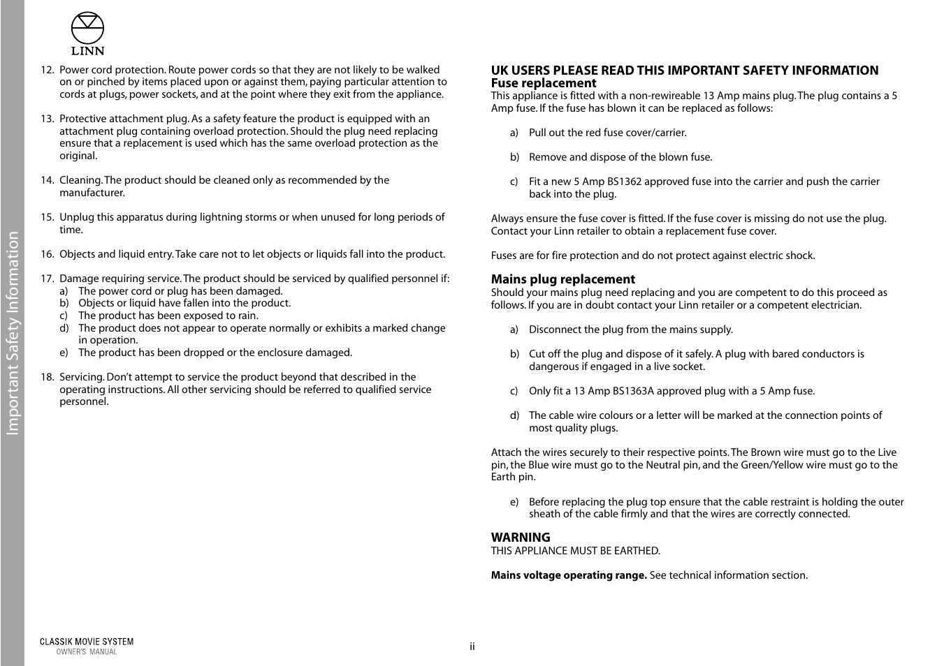 Impor tant s a fe ty inf ormation | Linn Classic Movie System User Manual | Page 4 / 58