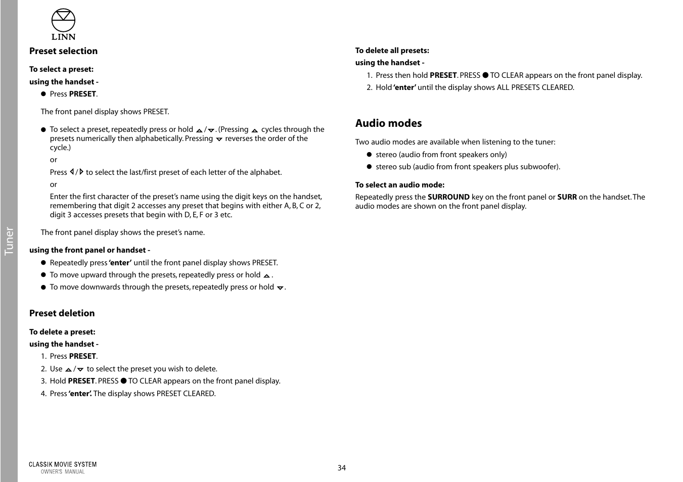 Tuner, Audio modes | Linn Classic Movie System User Manual | Page 40 / 58