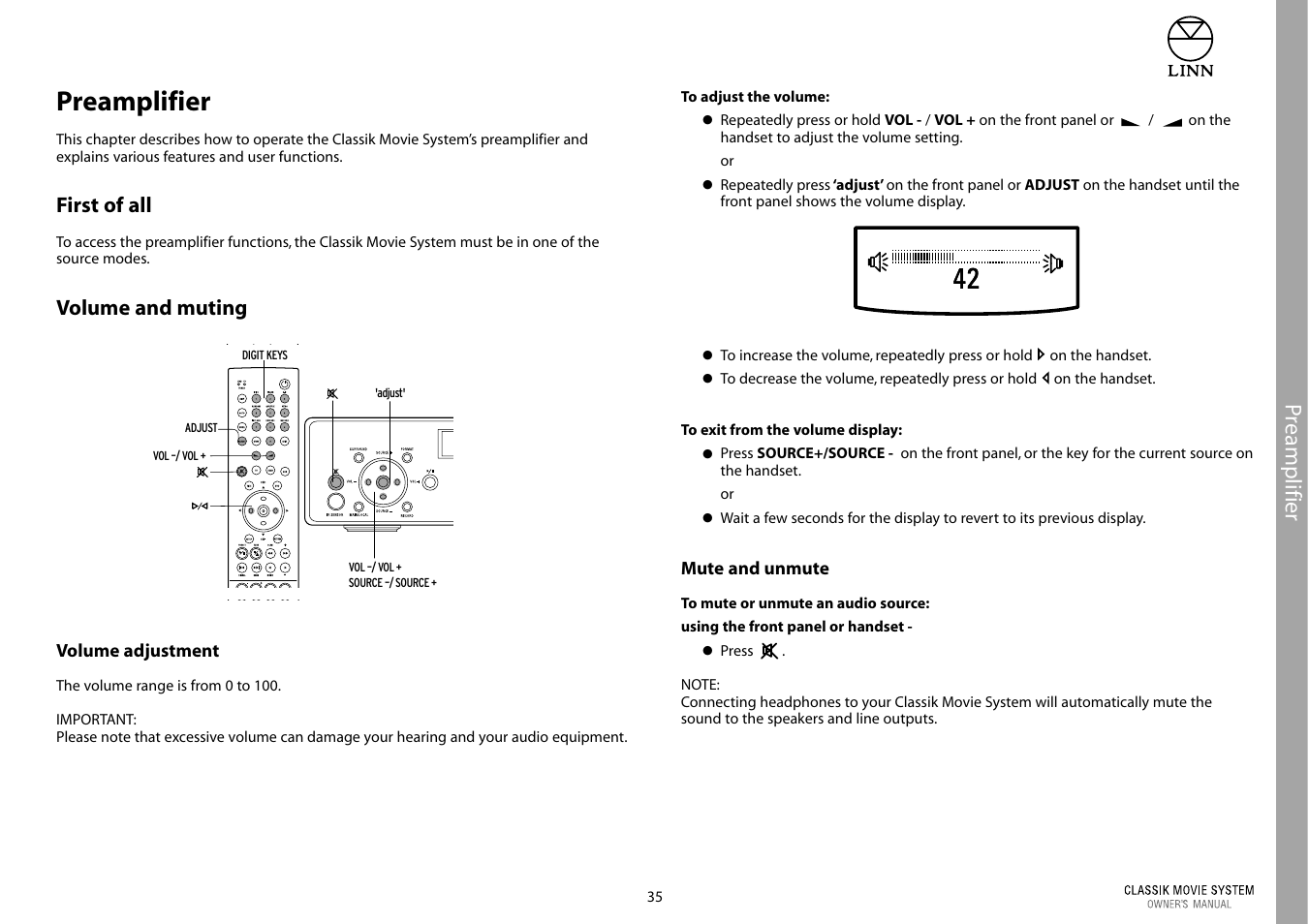 Preamplifier, First of all, Volume and muting | Linn Classic Movie System User Manual | Page 41 / 58