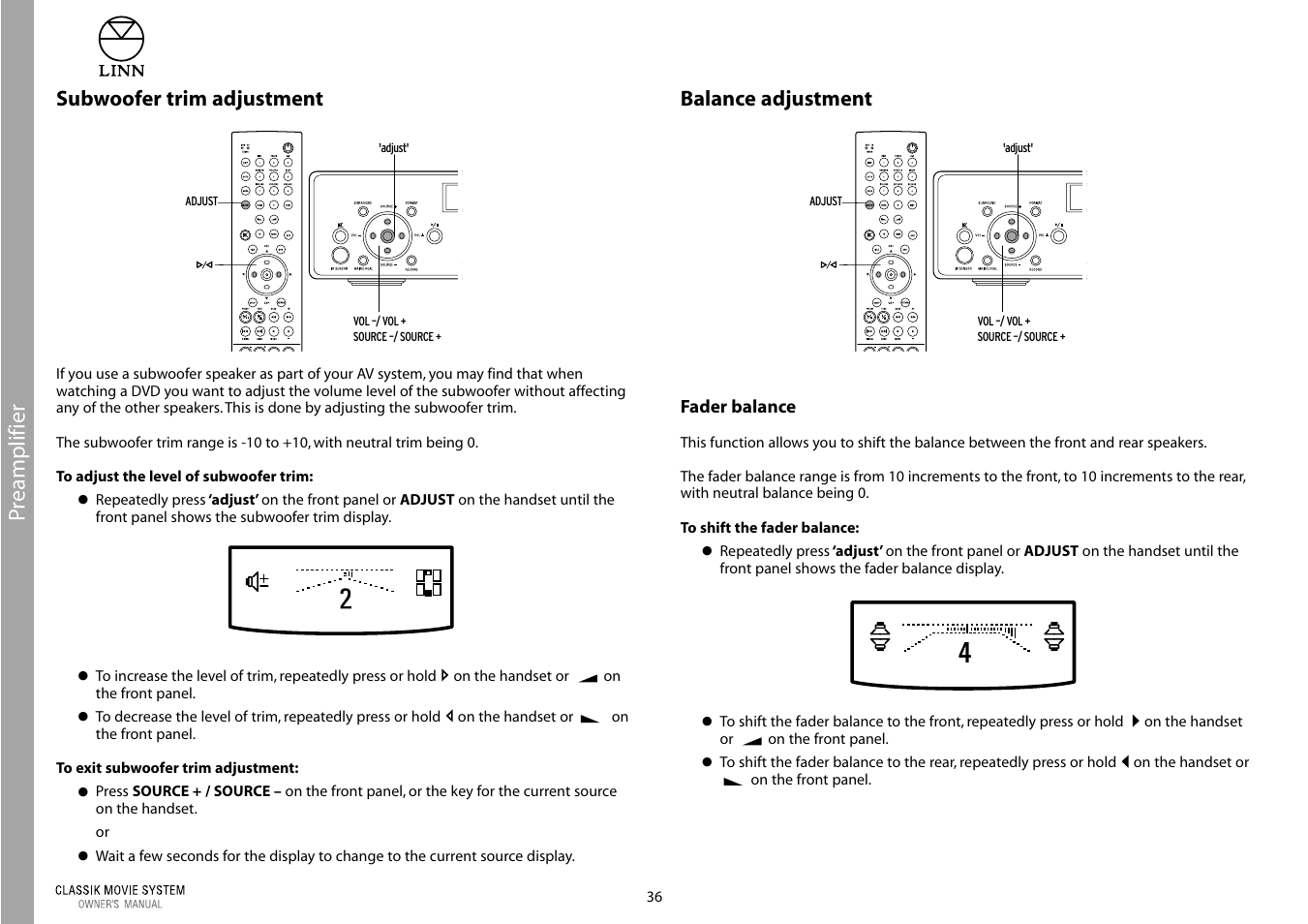 Preamplifier, Subwoofer trim adjustment, Balance adjustment | Linn Classic Movie System User Manual | Page 42 / 58