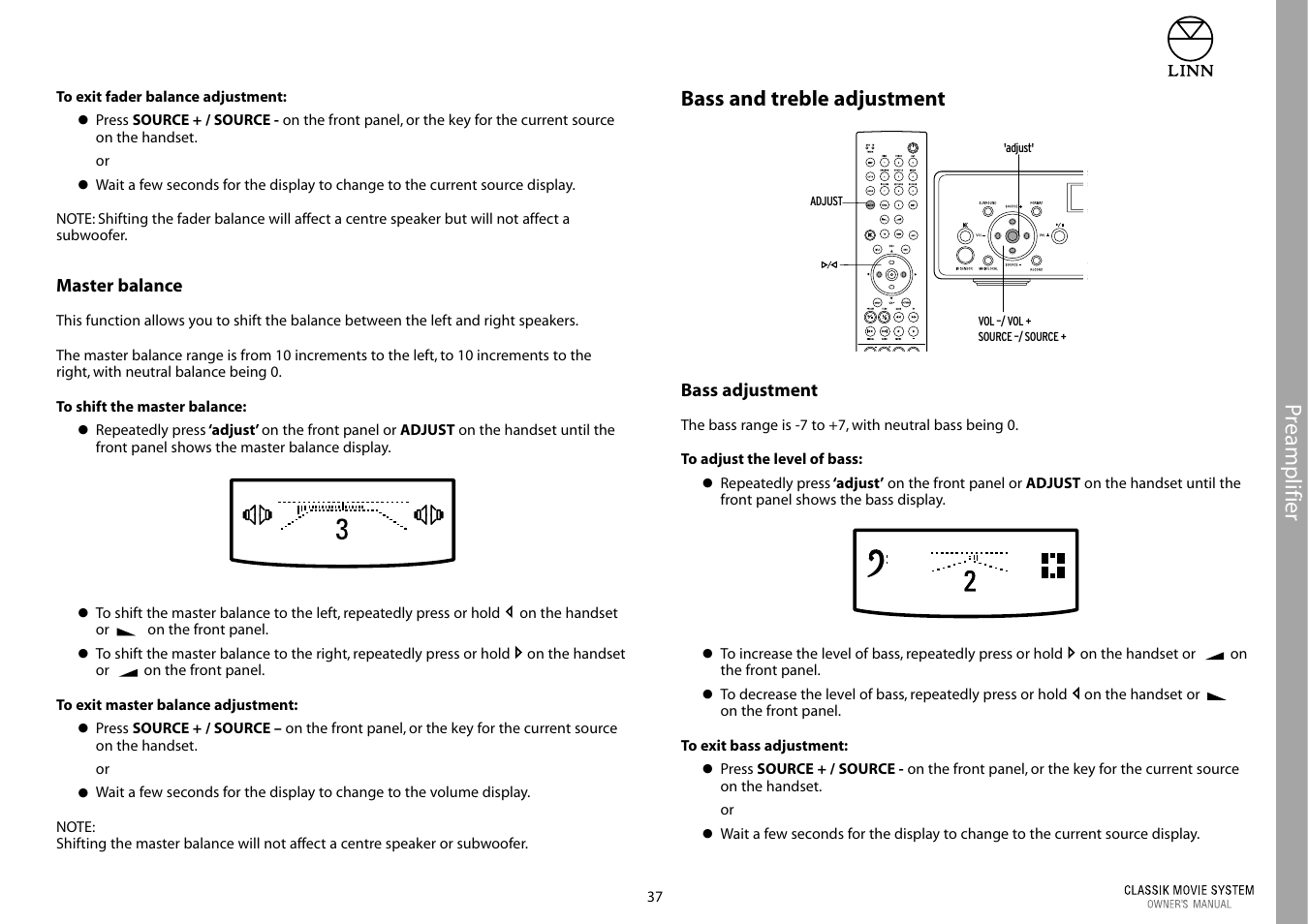 Preamplifier, Bass and treble adjustment | Linn Classic Movie System User Manual | Page 43 / 58