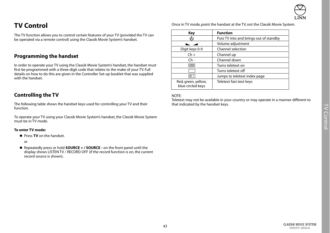 Tv control | Linn Classic Movie System User Manual | Page 49 / 58