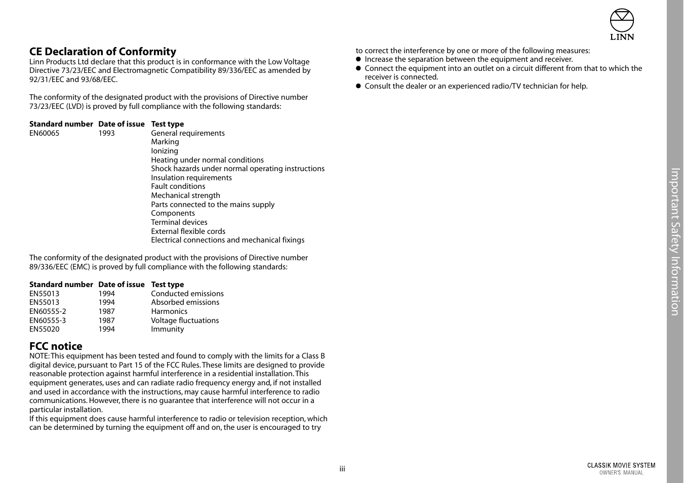 Impor tant s a fe ty inf ormation | Linn Classic Movie System User Manual | Page 5 / 58