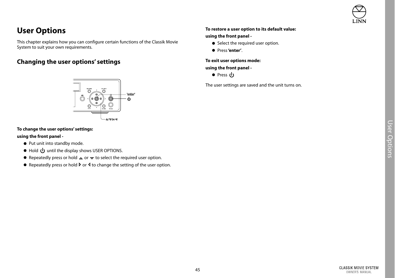 User options, Changing the user options’ settings | Linn Classic Movie System User Manual | Page 51 / 58