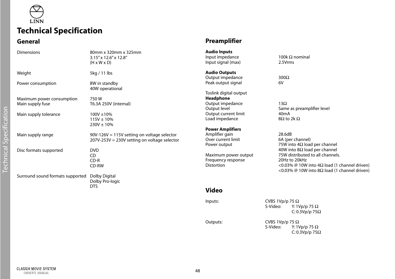 Technical specification, General, Preamplifier | Video | Linn Classic Movie System User Manual | Page 54 / 58