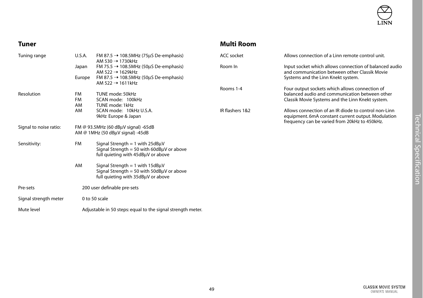 Te chnical specification, Tuner, Multi room | Linn Classic Movie System User Manual | Page 55 / 58