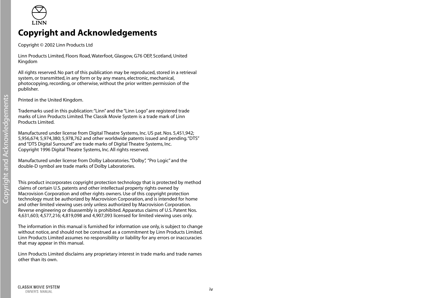 Copyright and acknowledgements | Linn Classic Movie System User Manual | Page 6 / 58