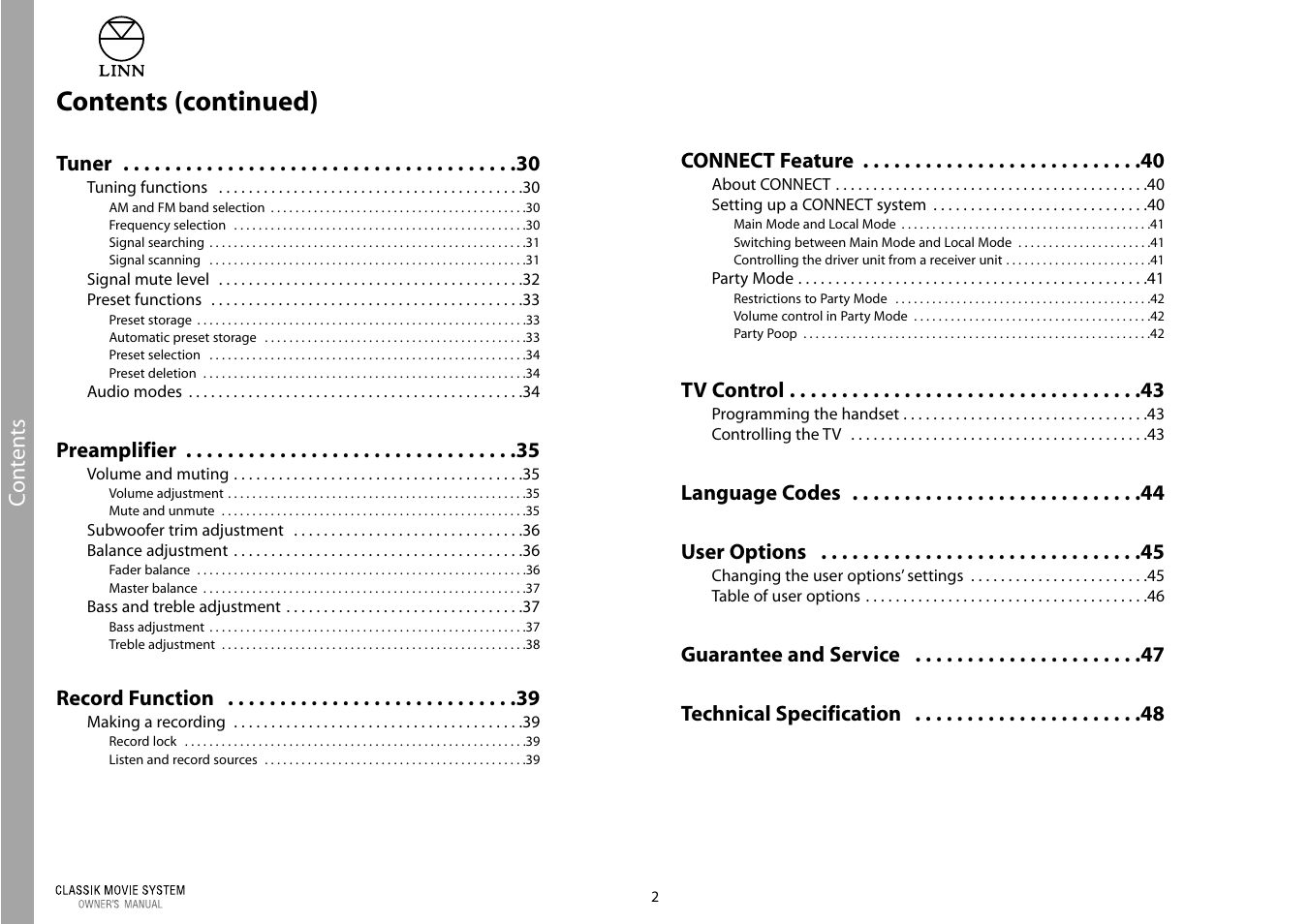 Contents (continued) | Linn Classic Movie System User Manual | Page 8 / 58